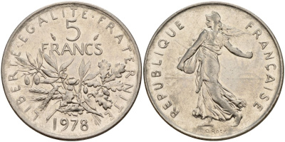 Франция 5 франков 1978 сеятель KM 926a.1, Le Franc 341.3 4149-326