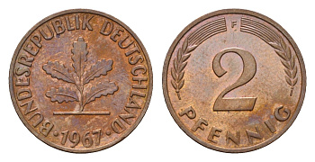 ФРГ 2 пфеннига 1967 F KM 106, J. 381 бронза 3458-718