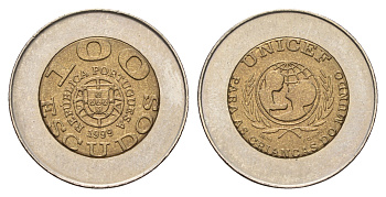 Португалия 100 эскудо 1999 UNICEF, PORTUGUESA KM 722.1 биметалл UNC 4577-1124