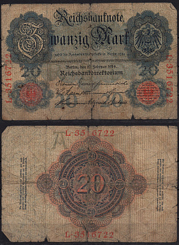 Германия 20 марок 1914 Pick 46b бумага 8592-32-1-1