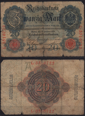 Германия 20 марок 1914 Pick 46b бумага 8592-32-1-1