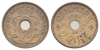 Дания 2 эре 1937 N, Кристиан X (1912-1947) KM 827 бронза 4701-842
