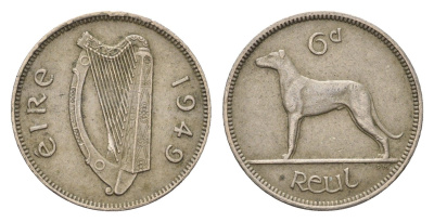 Ирландия 6 пенсов 1949 собака, ирландский волкодав KM 13a медно-никель 4690-329