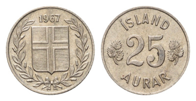 Исландия 25 эйре 1967 KM 11 медно-никель 4647-1148
