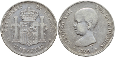 Испания 5 песет 1889 (89) MP-M, Альфонсо XIII (1886-1931) KM 689 серебро  1067-1-12