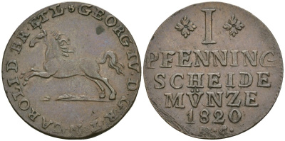 Брауншвейг 1 пфенниг 1820 MC, Карл II (1815-1830) KM 1079.2, AKS 46, Jaeger 220 b медь 08-935
