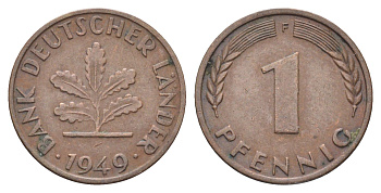 ФРГ 1 пфенниг 1949 F KM A101, J. 376 сталь плакированная медью 4697-547
