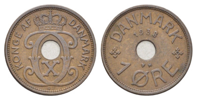 Дания 1 эре 1938 N, Кристиан X (1912-1947) KM 826 бронза 4701-619