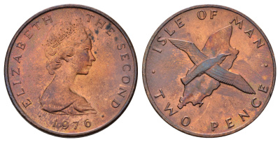 Остров Мэн 2 пенса 1976 птица, Елизавета II (1952-2022) KM 34 бронза UNC 4666-346
