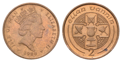 Остров Мэн 2 пенса 1988 Елизавета II (1952-2022) KM 208 бронза UNC 4121-1115