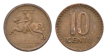 Литва 10 центов (сентов) 1991 год-тип KM 88 бронза 4689-1056