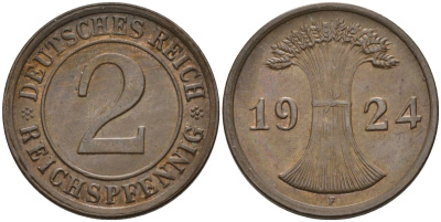 Германия 2 рейхспфеннига 1924 F KM 38, J.314, Weege 4 медь 4584-641