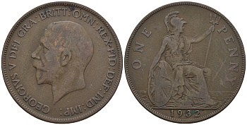Великобритания 1 пенни 1932 Георг V (1910-1936) КМ 838, Spink 4055 бронза 4112-724
