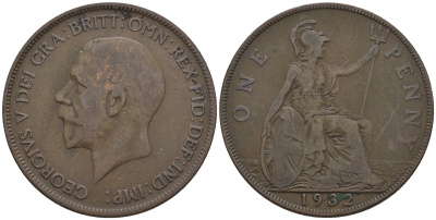 Великобритания 1 пенни 1932 Георг V (1910-1936) КМ 838, Spink 4055 бронза 4112-724