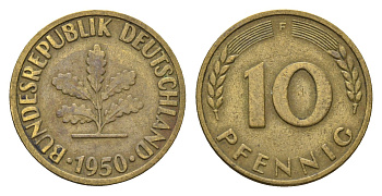 ФРГ 10 пфеннигов 1950 F KM 108, J. 383 сталь плакированная латунью 4684-1167