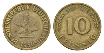 ФРГ 10 пфеннигов 1950 F KM 108, J. 383 сталь плакированная латунью 4684-1167
