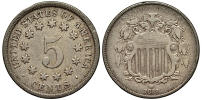 США 5 центов 1868 Щит Союза медно-никель 1522-522