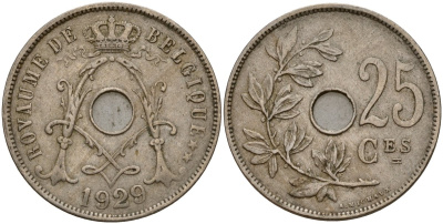 Бельгия 25 сантимов 1929 Royaume de Belgique KM 68 медно-никель 4187-937