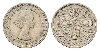 Великобритания 6 пенсов 1961 Елизавета II (1952-2022) KM 903, Spink 4149 медно-никель 100-913