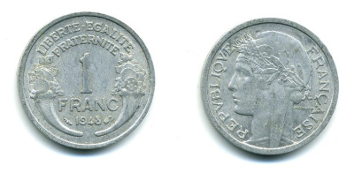 ФРАНЦИЯ 1 ФРАНК 1948 ТИП MORLON, LEGERE KM 885a.1, LE FRANC 221.13 алюминий 41-235