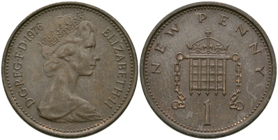 Великобритания 1 пенни 1976 Елизавета II (1952-2022) KM 915, Spink 4237 (B1) бронза 176-627