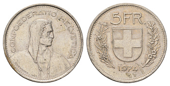 Швейцария 5 франков 1974 KM 40a.1 медно-никель 4536-434