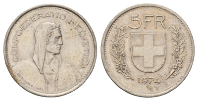 Швейцария 5 франков 1974 KM 40a.1 медно-никель 4536-434