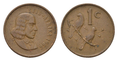 ЮАР 1 цент 1966 Ян ван Рибек (1619-1677), Suid Africa, легенда на африкаанс, капские воробьи KM 65.2 бронза 4690-1163