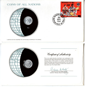 Мали 5 франков 1961 год-тип, конверт с маркой первого дня гашения, Coins of Nations KM 2 алюминий UNC 4294-51-3