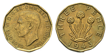 Великобритания 3 пенса 1943 Георг VI (1936-1952) KM 849, Spink 4112 никель латунь 77-235