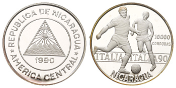 Никарагуа 10000 кордоб 1990 Чемпионат мира по футболу 1990 KM 66 серебро PROOF 413-744