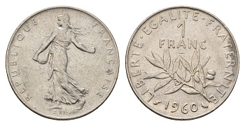 Франция 1 франк 1960 сеятель KM 925 никель 4641-1251