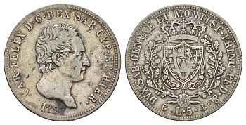 ИТАЛИЯ Сардиния 5 лир 1827 P, Карл Феликс (1821-1831) KM 116.2 серебро 413-135