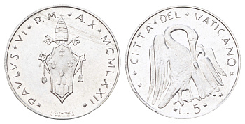 Ватикан 5 лир 1970 MCMLXX, Павел KM 118 алюминий UNC 4697-1024