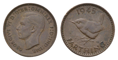Великобритания 1 фартинг 1945 Георг VI (1936-1952) KM 843, Spink 4116 бронза 4516-1065
