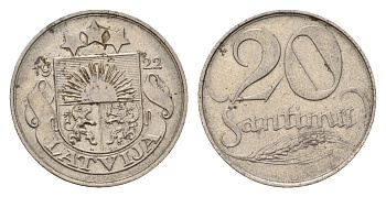Латвия 20 сантимов 1922 год-тип KM 5 никель 4655-831