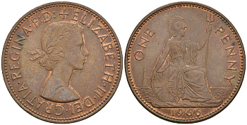 Великобритания 1 пенни 1966 Елизавета II (1952-2022) KM 897, Spink 4157 бронза 4112-742