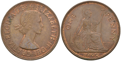 Великобритания 1 пенни 1966 Елизавета II (1952-2022) KM 897, Spink 4157 бронза 4112-742