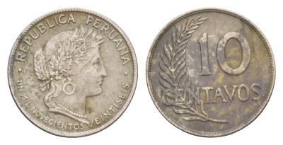 Перу 10 сентаво 1926 UN MIL NOVECIENTOS VEINTISEIS KM 214 медно-никель 4651-933