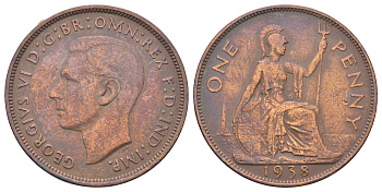 Великобритания 1 пенни 1938 Георг VI (1936-1952) KM 845, Spink 4114 бронза 4692-623