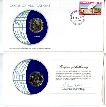 Танзания 1 шиллинг 1980 конверт с маркой первого дня гашения, Coins of Nations KM 4 медно никель UNC 4294-73-2