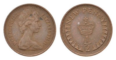 Великобритания 1/2 пенни 1971 Елизавета II (1952-2022) KM 914, Spink 4239 бронза 4697-861