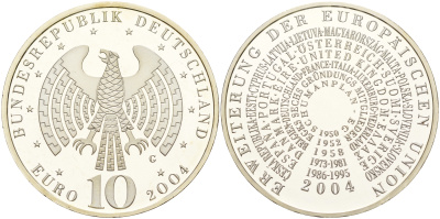 ФРГ 10 евро 2004 G, расширение Евросоюза KM 231, DE.S 10.14 серебро PROOF 06-266-22
