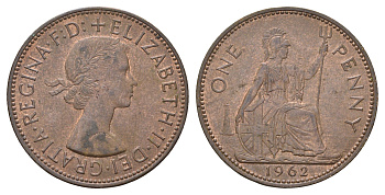 Великобритания 1 пенни 1962 Елизавета II (1952-2022) KM 897, Spink 4157 бронза 3855-223