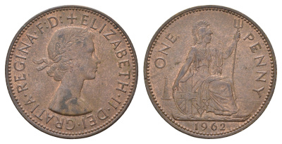 Великобритания 1 пенни 1962 Елизавета II (1952-2022) KM 897, Spink 4157 бронза 3855-223