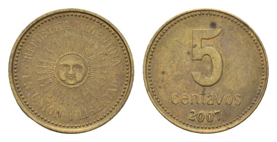 Аргентина 5 сентаво 2007 KM 109b сталь плакированная латунью 4679-361