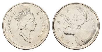 Канада 25 центов 1990 Елизавета II (1952-2022), олень KM 184 никель UNC 4688-532