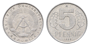 ГДР 5 пфеннигов 1968 A KM 9.1 алюминий 4685-664