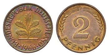 ФРГ 2 пфеннига 1966 F KM 106, J. 381 бронза 4115-446