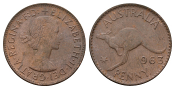Австралия 1 пенни 1963 . , Елизавета II (1952-2022), кенгуру KM 56 бронза 114-546